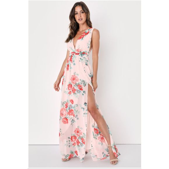NWT Lulu's Garden Meandering Blush Floral Print Maxi Small V-Neck Sleeveless - Picture 1 of 13